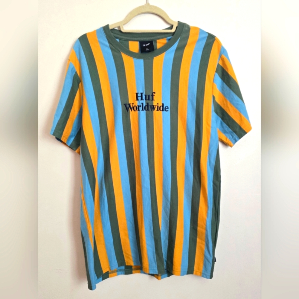 Men's Huf Worldwide Striped Short Sleeve T-shirt Large Retro Streetwear Casual